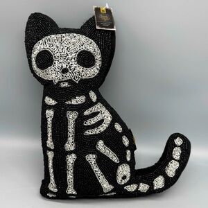 Spooky Night Halloween Skeleton Black Cat Beaded Throw Pillow Day of Dead Decor